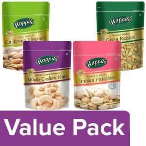 1205696 3 happilo almonds 200g greenraisins seedless 250g cashews whole 200g pistachios 200g