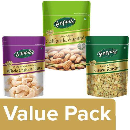 1205702 3 happilo almonds cashews whole 100 natural 200g green raisins seedless 250g