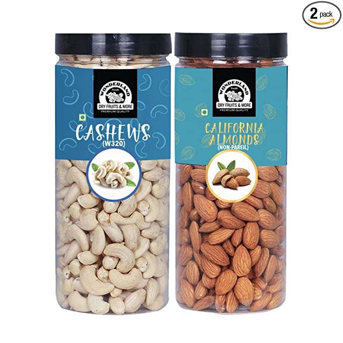 Wonderland Foods California Almonds NP Cashews W320 Mangalore Quality 500gm Each 500 X 2 1KG Combo Pack