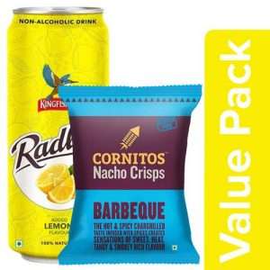 1212787 1 cornitos nacho crisps barbeque 60 g kingfisher radler lemon non alcoholic drink 300 ml